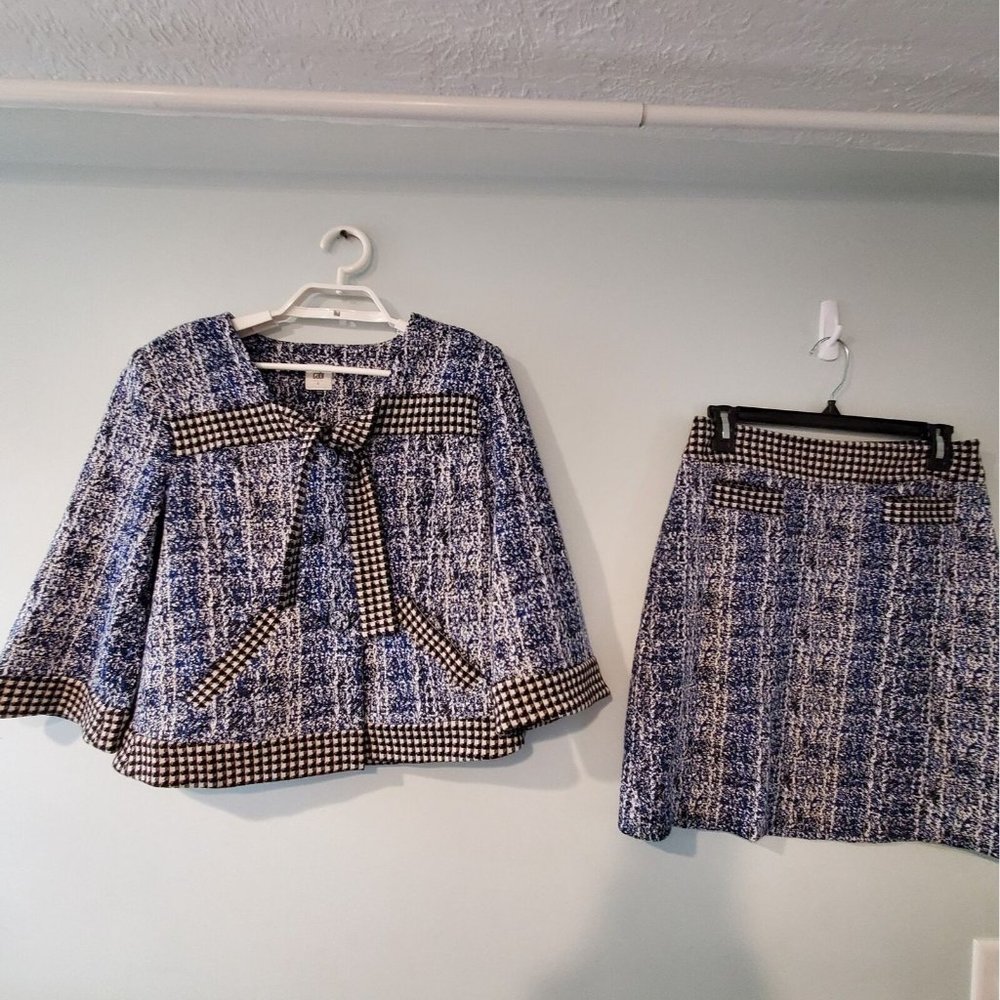 Cabi Club Jacket skirt suit set womens 2 Small blue white black